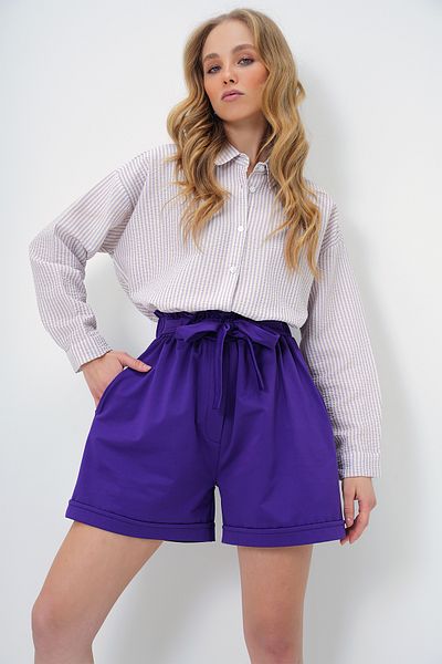 Trend Alaçatı Stili Lila Gabardine-Karotten-Shorts – elastische Taille, Gürtel, Doppeltaschen, Doppelbeine ALC-X8450