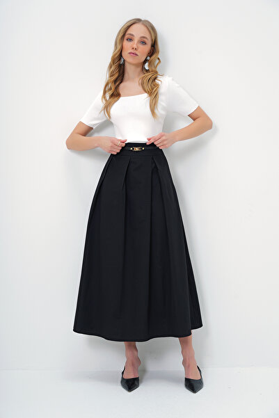 Trend Alaçatı Stili Women's Black Hidden Zip Pleated Waistband Maxi Length Skirt Alc-X13524