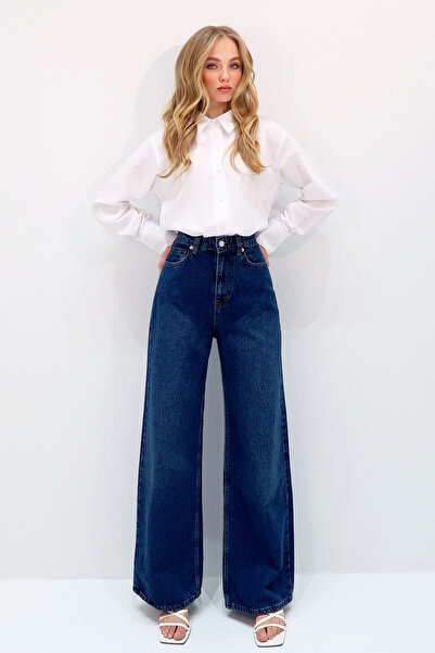 Trend Alaçatı Stili Dark Blue High Waist 5 Pocket Palazzo Jeans - Alc-X13502