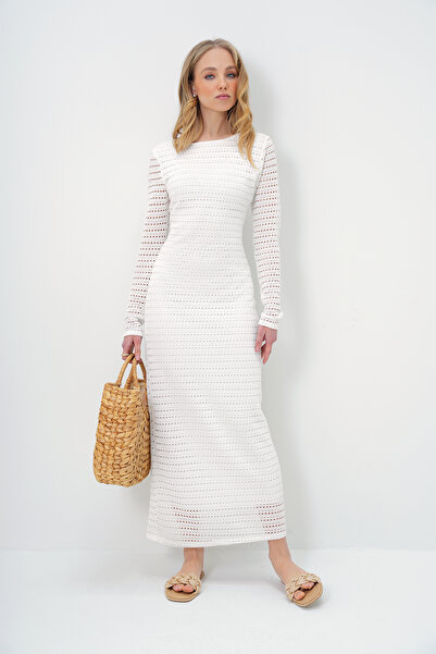 Trend Alaçatı Stili Dámské bílé letní úpletové šaty s hlubokým střihem a nízkým střihem Alc-X13383
