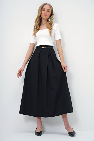 Trend Alaçatı Stili Women's Black Hidden Zip Pleated Waistband Maxi Length Skirt Alc-X13524