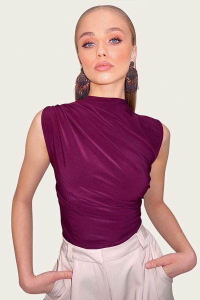 Trend Alaçatı Stili Ärmellose Sandy-Bluse mit Pflaumenmuster und Stehkragen für Damen ALC-X10021
