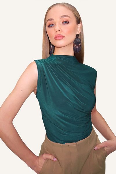 Trend Alaçatı Stili Women's Walnut Green Stand Collar Shoulder Draped Sleeveless Sandy Blouse Alc-X10021