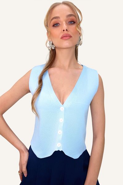 Trend Alaçatı Stili Γυναικείο καλοκαιρινό πλεκτό γιλέκο Baby Blue με V λαιμόκοψη ALC-X10402