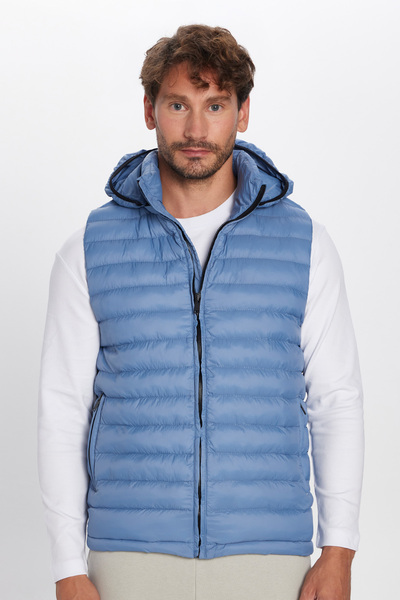 Tudors Erkek Slim Fit Dar Kesim Astarlı Rüzgar Geçirmez Cepli Mavi Çıkarılabilir Kapüşonlu Şişme Yelek
