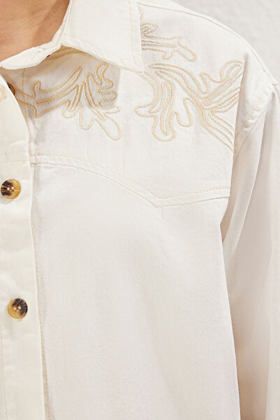 Trendyol Collection Ecru Embroidered Oversize Denim Shirt Twoss25Go00074