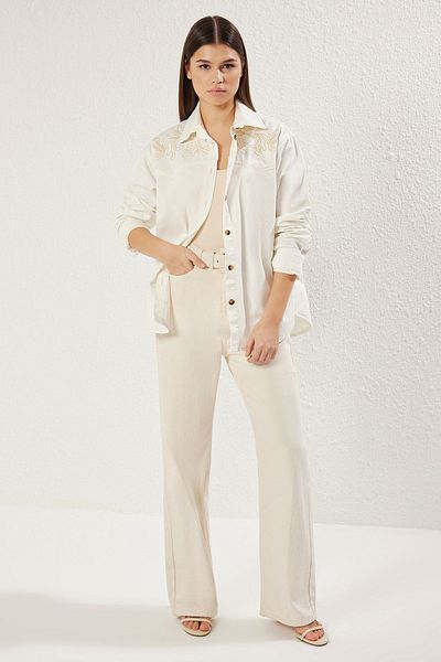 Trendyol Collection Ecru Embroidered Oversize Denim Shirt Twoss25Go00074