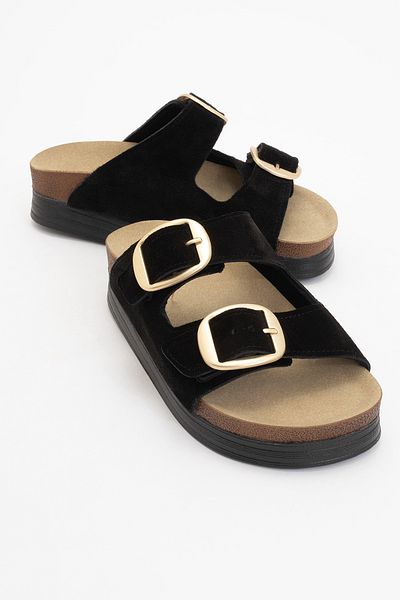 LuviShoes Γυναικείες παντόφλες με χοντρή σόλα HARBOR Μαύρο Suede με διπλό ριγέ γνήσιο δέρμα