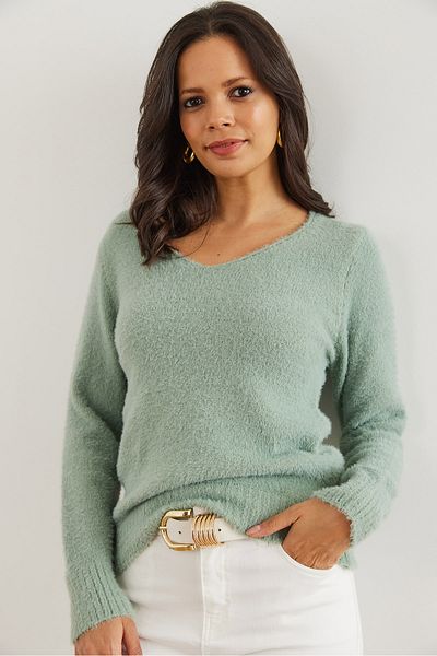 Olalook Women's Water Green V-Neck Soft Textured Beard Knitwear Sweater Kzk- 19000860