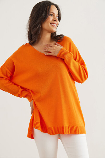 Olalook Pulover de damă portocaliu cu decolteu în V - KZK- 19000868