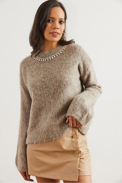 Olalook Women's Stone Necklace Detailed Soft Textured Raster Pullover Kzk- 19000958