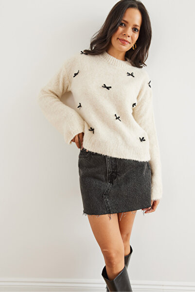 Olalook Women's Ecru Bow Detailed Raised Knitwear Sweater Kzk- 19000960