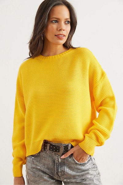 Olalook Női Yellow Crew Neck Links Kötött kötöttáru pulóver KZK- 19000870