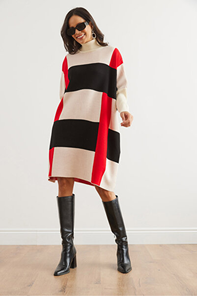 Olalook Women's Ecru Black Plaid Thick Poncho Tunic Dress Elb- 19002323