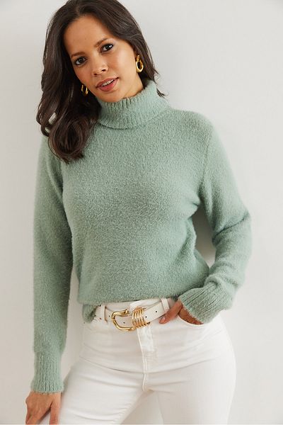 Olalook Women's Water Green Turtleneck Soft Textured Bearded Knitwear Sweater Kzk- 19000861
