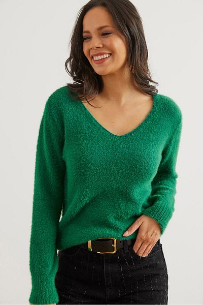 Olalook Emerald Green V-Neck Knitwear Sweater - Soft Texture, Beard Pattern Kzk- 19000860