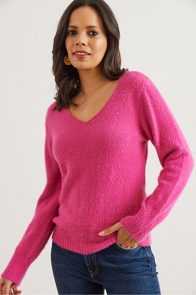 Olalook Women's Fuchsia V-Neck Soft Textured Beard Knitwear Sweater Kzk- 19000860