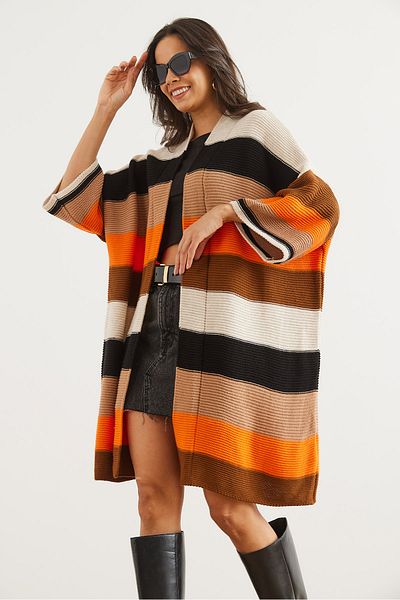 Olalook Damen-Strickjacke, dick gestreift, braun-orangefarben, HRK- 19000337