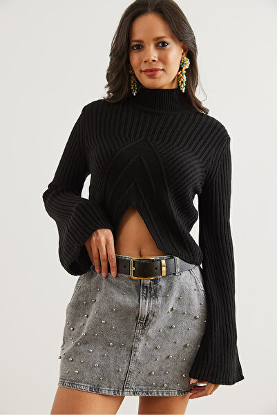 Olalook Black Asymmetrical Crop Sweater - Wide Sleeve Detail Kzk- 19000812