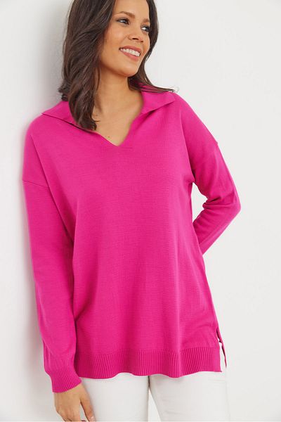 Olalook Women's Fuchsia Polo Neck Basic Knitwear Sweater Kzk- 19000871