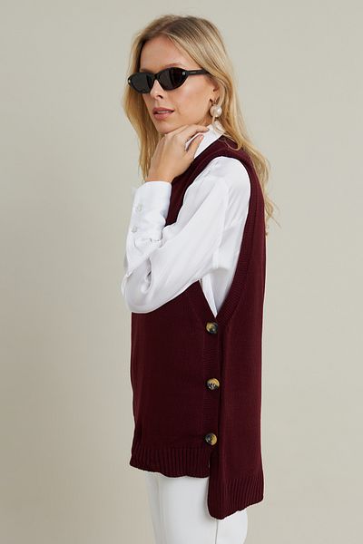 Cool & Sexy Plum Color Women's Knitwear Tunic - Side Button, Sleeveless Yv75