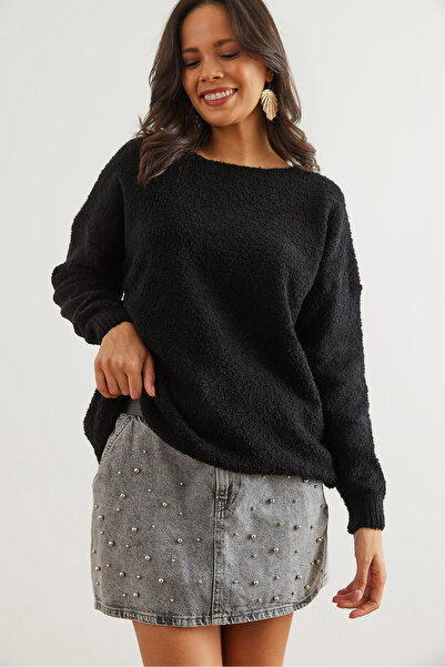 Olalook Women's Black Crew Neck Soft Textured Oversize Knitwear Sweater Kzk- 19000828