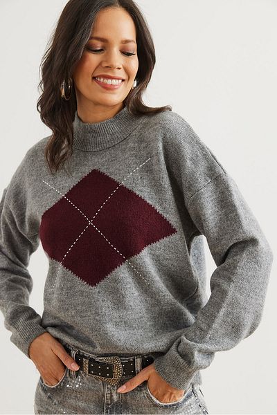Olalook Pulover de damă gri Argyle cu model pe jumătate de pescar KZK- 19000961