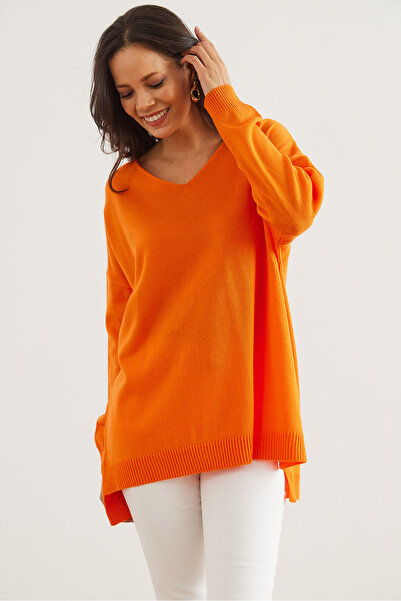 Olalook Pulover de damă portocaliu cu decolteu în V - KZK- 19000868