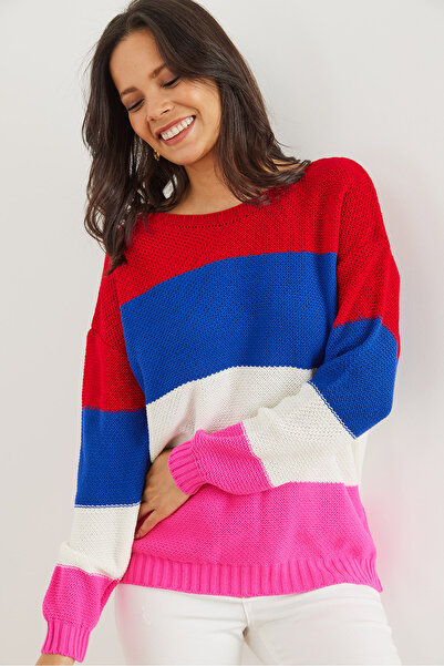 Olalook Women's Fuchsia Red Color Block Slim Knitwear Sweater Kzk- 19000814