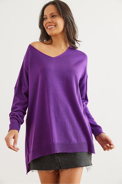 Olalook Pulover din tricot mov cu decolteu în V - KZK- 19000868