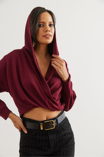 Olalook Kadın Bordo Kapüşonlu Kruvaze Modal Tuşeli Bluz BLZ-19002823