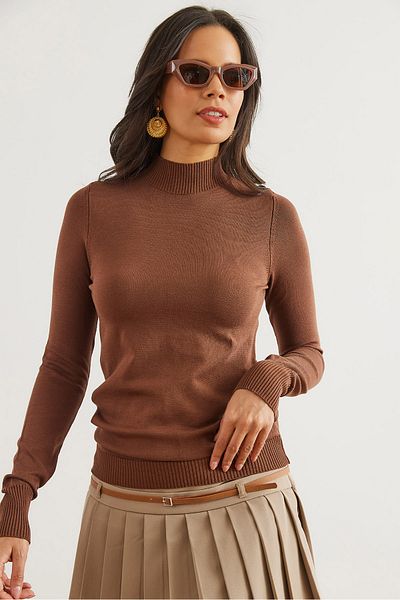 Olalook Women's Bitter Brown Half Fisherman Basic Knitwear Sweater Kzk- 19000815