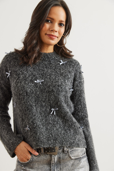 Olalook Pulover de damă cu fundă antracit cu tricotaje înălțate KZK- 19000960