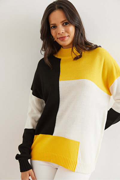 Olalook Women's Yellow and Black Blocks Knitwear Sweater - Kzk- 19000821