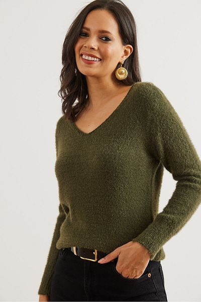 Olalook Women's Khaki V-Neck Soft Textured Beard Knitwear Sweater Kzk- 19000860