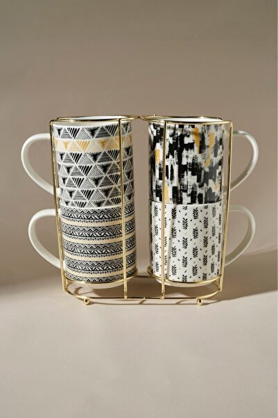 Karaca Nigrum 5 Piece Porcelain Mug/Mug Set with Stand 4x320 ml