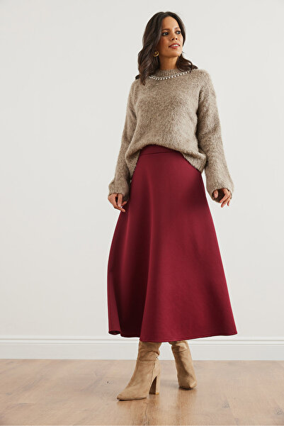 Olalook Women's Burgundy Maxi Flared Puff Scuba Skirt Etk- 19000296