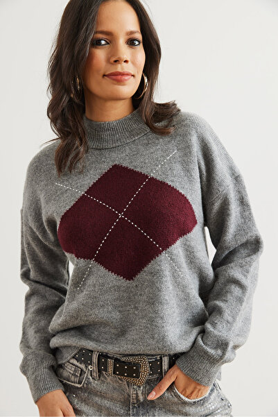 Olalook Women's Gray Diamond Patterned Half Fisherman Knit Sweater Kzk- 19000961