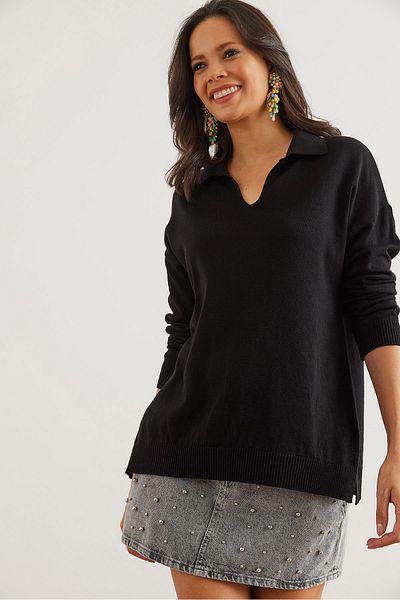 Olalook Pulover de bază cu guler polo negru pentru femei KZK- 19000871