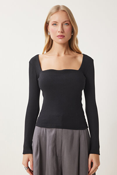 Happiness İstanbul Dámská pletená halenka se šňůrkou s výstřihem v černé barvě GT00100