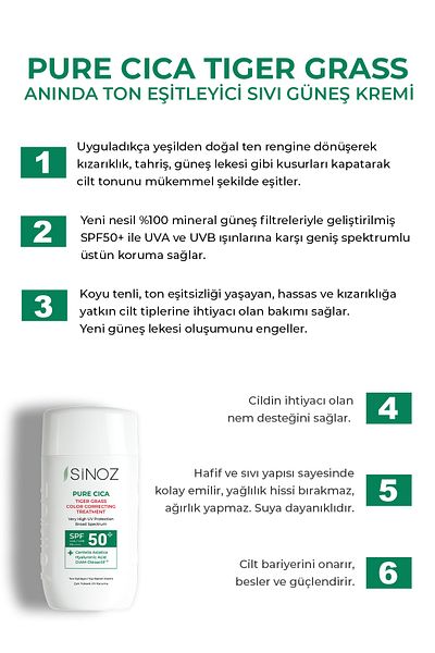 SİNOZ Pure Cica Gesichtspflegecreme – Instant Tone Equalizing and Repairing, Mineral-Sonnenfilter Spf50 der neuen Generation