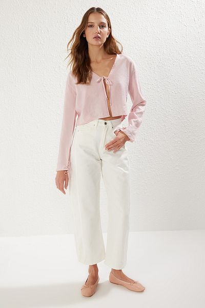 Trendyol Collection Ροζ Modal Tie Up Λεπτομερής μακρυμάνικη υφαντή μπλούζα TWOSS25BZ00167