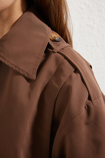 Trendyol Collection Dark Brown Piece Detailed Regular Midi Trench Coat Twoss25Tr00018