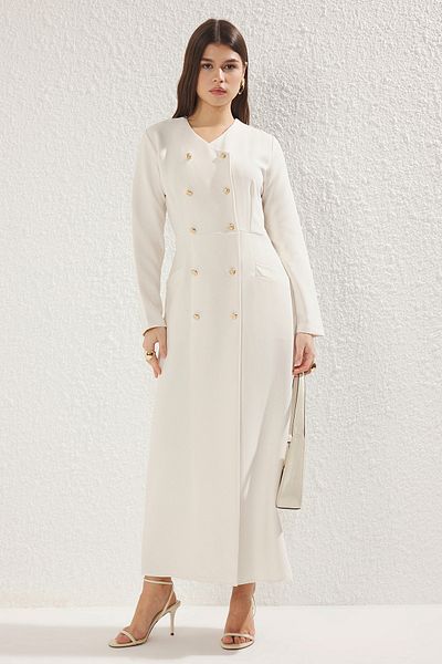 Trendyol Modest Beigefarbenes, geknöpftes, gewebtes Stoffkleid TCTSS25EB00027