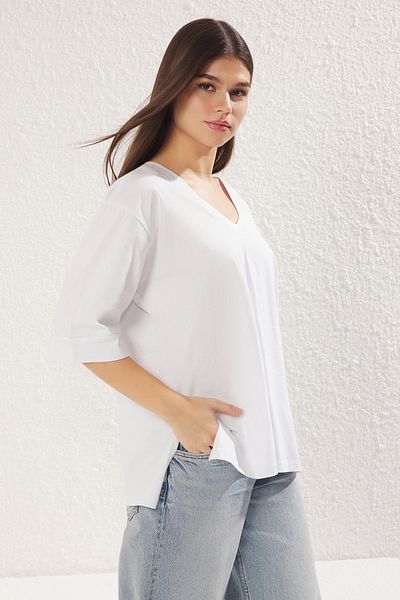 Trendyol Collection Tricou alb, 100% bumbac, supradimensionat/larg, tricotat cu mâneci trei sferturi TWOSS25TS00011