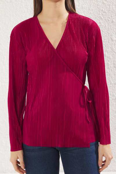 Trendyol Collection Burgundy Pleated Lacing Detail Double Breasted Long Knitted Blouse Twoss25Bz00016