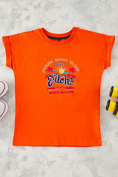 TRENDYOLKIDS Orange Knitted T-Shirt - Printed, Tkdss25Ts00050