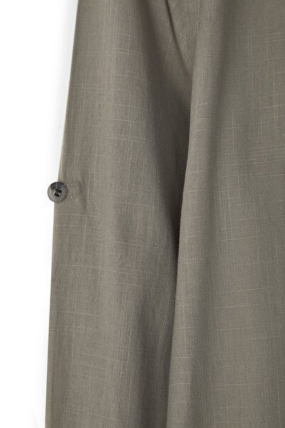 Trendyol Collection Dark Button Collar Epaulette Slim Fit Long Sleeve 100% Cotton Linen Look Shirt Tmnss20Go0189