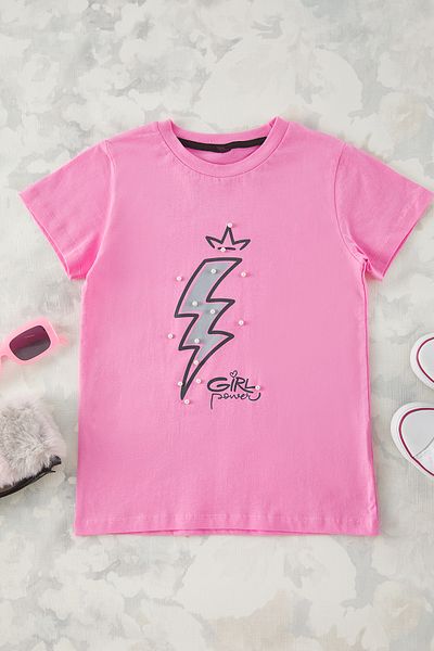 TRENDYOLKIDS Πλεκτό ροζ μπλουζάκι με στάμπα - TKDSS25TS00045