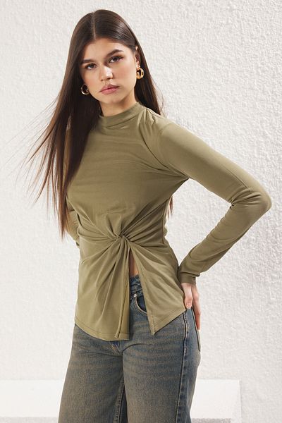 Trendyol Collection Πράσινη μπλούζα Asymmetric Cut - Συγκεντρώστε λεπτομέρειες, λαιμόκοψη TWOAW25BZ00116